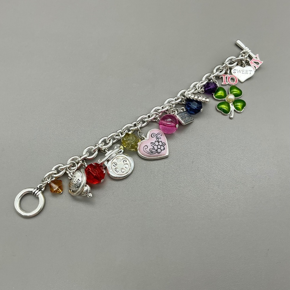 Sweet 16 Bracelet Silver Tone Charm Multicolor Beads Heart Clover Birthday 8.25"